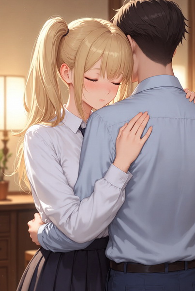 动漫插图：女孩被男人温柔拥抱，象征非性伴侣关系。