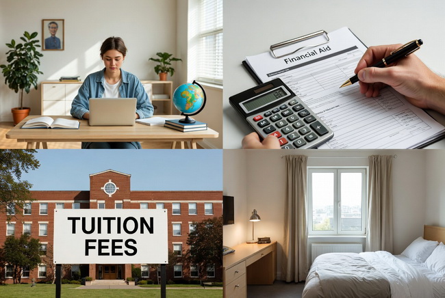 一个女生正在计算出国留学所需的费用。