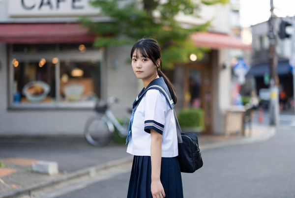 一个正在走路的清纯小女生回头看，似乎有人在叫她……