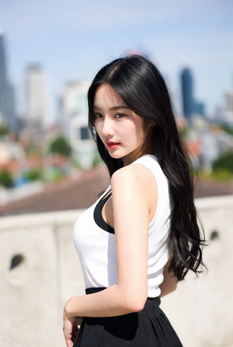 漂亮女生转身看着镜头。