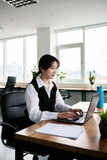 一名女生在大学里做兼职工作。